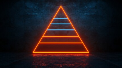 Symbolize of organization chart. Neon pyramid design on a dark textured background.