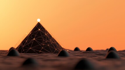 Symbolize of organization chart. Futuristic pyramid structure with networked design and sunset background.