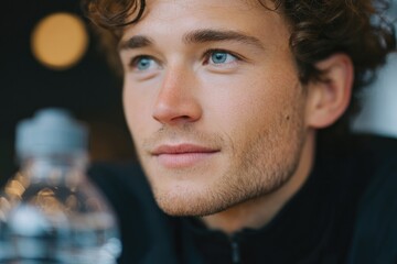 portrait of cyclist checking hydration levels using smart water bottle in mid-century café