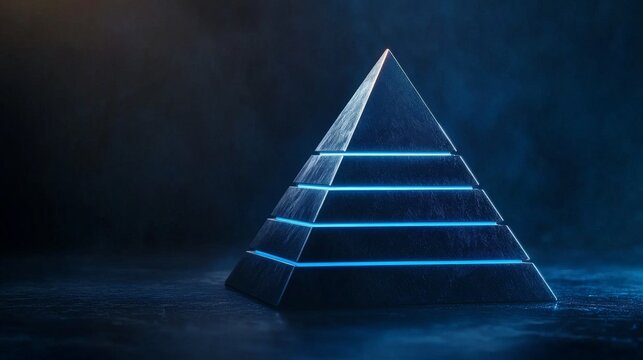 Symbolize of organization chart. Abstract pyramid structure with illuminated edges in dark environment.