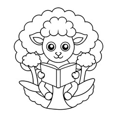 Lamb Reading a Book Under Tree Coloring Page