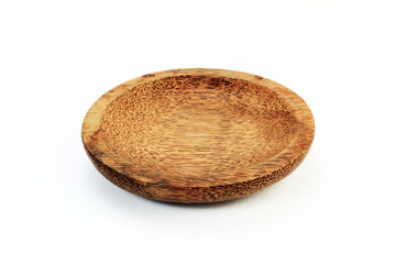 Empty wooden tray, close up of empty new wooden plate isolated on white background with clipping path.