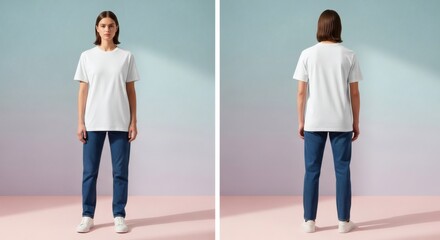Fototapeta premium young woman wearing blank white t-shirt and jeans, front and back view, standing in studio