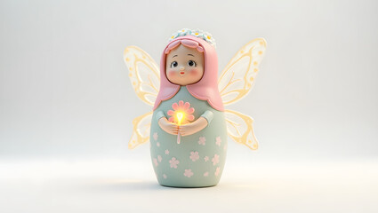 3D-rendered fairy matryoshka with delicate wings, floral crown, and glowing wand. Magical and charming, keeping the classic doll shape, isolated on white background.