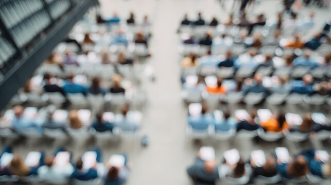 drone-view overhead of networking session at conference rows of white chairs and attendees holding notebooks focus