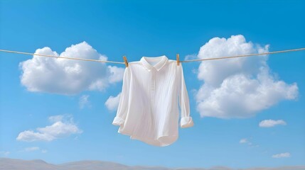 White Shirt Drying on Clothesline Against Blue Sky with Clouds