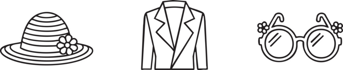 Fashion Accessories Icons Set: Round Hat, Leather Jacket, Eyewear. Style, Clothing, Trendy, Outline, Vector