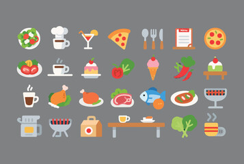 A vibrant collection of flat design food and beverage icons representing a diverse culinary experience including meals drinks desserts and cooking essentials