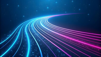 Fototapeta premium Abstract glowing neon lines curve through a starry cosmic background.