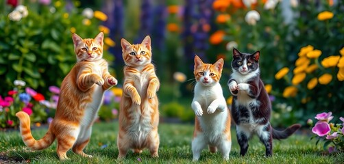 Four playful cats, two orange tabbies, one black and white, stand on hind legs in a vibrant garden,  garden,   sunshine