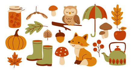 Fall season. Owl, Fox, Pumpkin, Mushrooms, Rubber boots, Jam, Acorn, Kettle, Umbrella. Autumn Forest. Collection of fall elements in hand drawn style