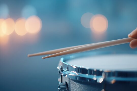 close-up of drummer hands gripping brushes and snare caught in mid-sweep motion under ambient light