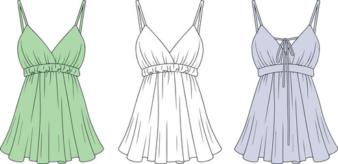 Fashion technical flat sketch of women’s spaghetti strap mini dress, front view design, different color options, garment template illustration