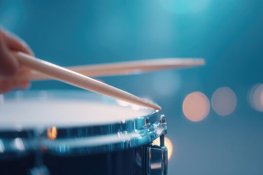 close-up of drummer hands gripping brushes and snare caught in mid-sweep motion under ambient light