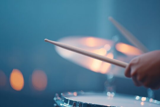close-up of drummer hands gripping brushes and snare caught in mid-sweep motion under ambient light