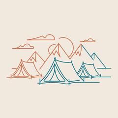 Tents pitched in a mountain landscape under the sun