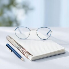 flat-lay of reusable eco-pen notepad with meeting agenda and glasses on white desk