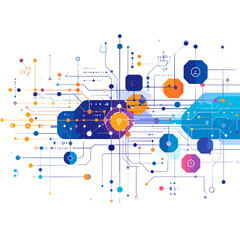 Vibrant Abstract Network of Interconnected Lines Shapes and Dots on White Background Depicting Modern Technology