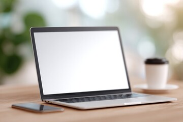 flat-lay banner mockup showing folded pop-up banner lying next to laptop phone and coffee on wood desk