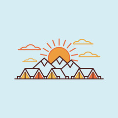 Sunrise over a mountain campsite with tents