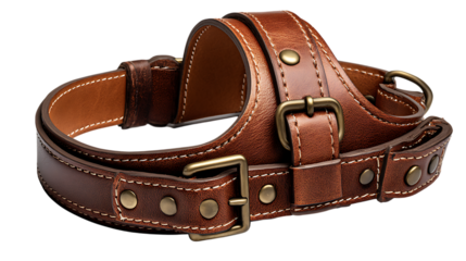 Detailed view of a vintage brown leather dog harness with brass hardware and white stitching isolated on transparent background