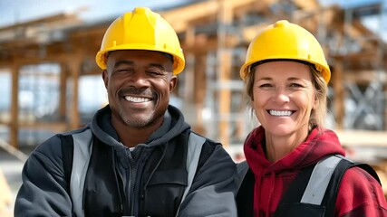 Happy male and female builders stand in front of a new home construction site, wearing yellow hardhats and safety vests, bright sunlight enhances their expressions of pride and tea