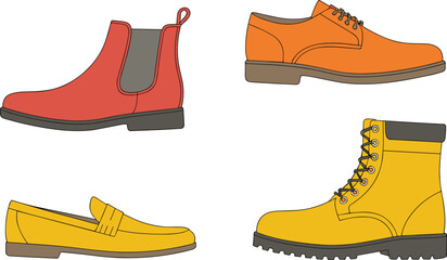 Minimalist illustration of four different men's shoe types including boots, loafers, oxfords, and work boots in vibrant colors