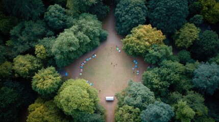 drone shot of children playing educational app on tablets in outdoor classroom setup under canopy