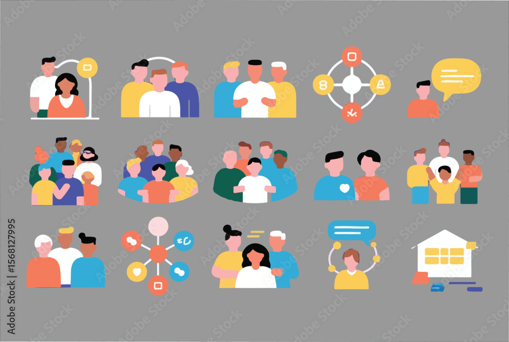 Poster a collection of flat design icons representing diverse groups of people communication networking and