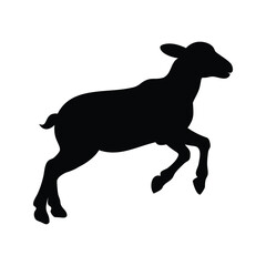 Black silhouette of a lamb leaping through the air on white background