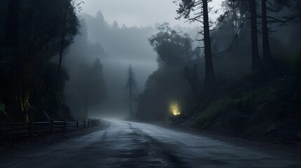A winding road disappears into a foggy forest, creating a moody and atmospheric scene with trees on either side.