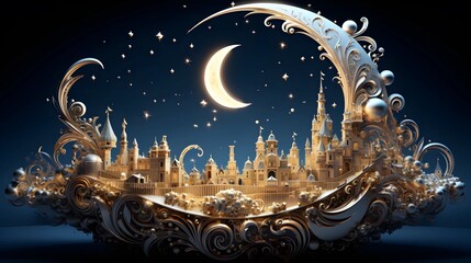 A fantastical illustration depicts a golden city nestled within a decorative crescent moon, under a starry night sky.