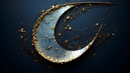 An abstract art piece features a stylized crescent with textures and gold accents set against a deep blue backdrop, evoking luxury and elegance.