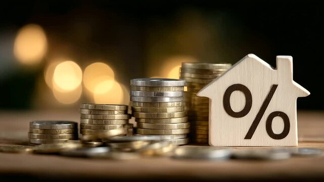 Home loan idea with a wooden house, percent sign symbol, and currency coins laid out on table surface