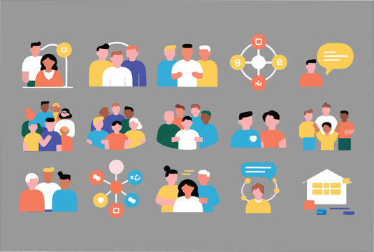 A collection of flat design icons representing diverse groups of people communication networking and community building on a neutral background