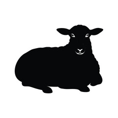 Black silhouette of a sheep sitting isolated on a white background