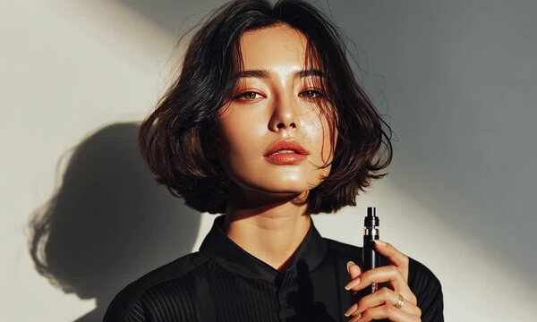 A woman with short dark hair, illuminated by light, holds a vaping device. The shot reveals a close-up of her face and upper body