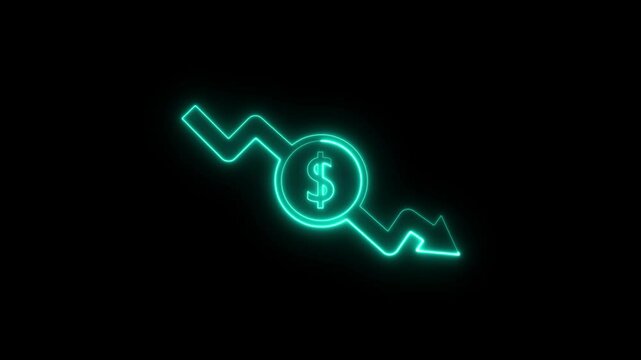 Glowing neon Money loss concepts. Cash down, arrow and dollar stocks graph, market fall. neon down arrow stocks graph with black background.
