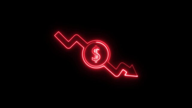 Glowing neon Money loss concepts. Cash down, arrow and dollar stocks graph, market fall. neon down arrow stocks graph with black background.