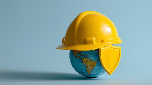 Yellow Safety Helmet on Globe with Shield for National Safety Month