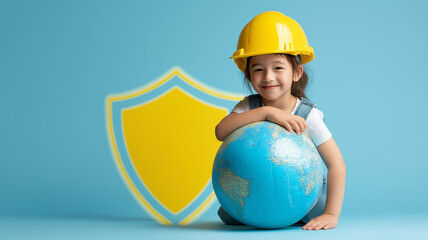 Child Promoting Safety by Placing Helmet on Globe