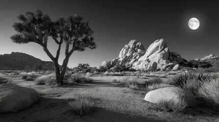 High-contrast monochrome Joshua tree forest in Mojave Desert under full moon, surreal scene for posters, book covers, or desert fantasy themes.