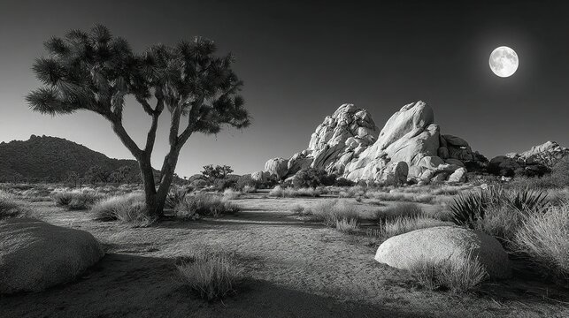 High-contrast monochrome Joshua tree forest in Mojave Desert under full moon, surreal scene for posters, book covers, or desert fantasy themes.