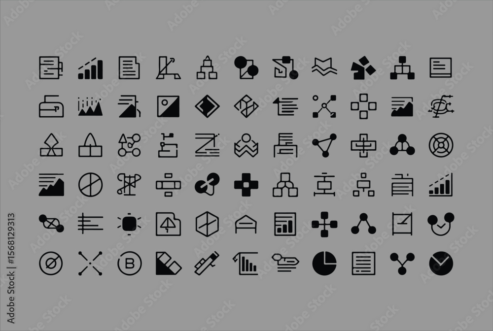 Poster a collection of diverse black line art icons representing business concepts data analysis and organi