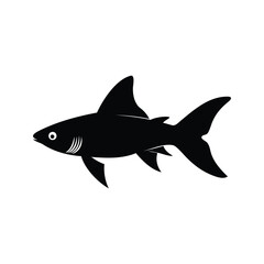 Simple black silhouette of a shark swimming on a white background