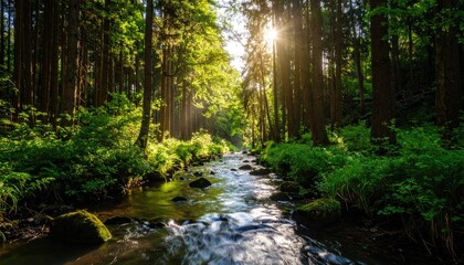 Sunlight streams through a lush forest stream