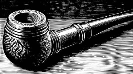 A beautifully carved tobacco pipe, suitable for character illustrations, vintage bar visuals, or literature themes a black and white line art illustration