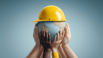 Diverse Hands Holding Globe with Safety Helmet for Global Safety Awareness