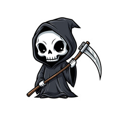 Cute cartoon grim reaper of souls in a black robe holding his sharp scythe - isolated white background chibi illustration