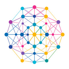 Vibrant Geometric Network Structure with Interconnected Nodes in Shades of Blue, Pink, Purple, and Yellow on a Clean White Backdrop